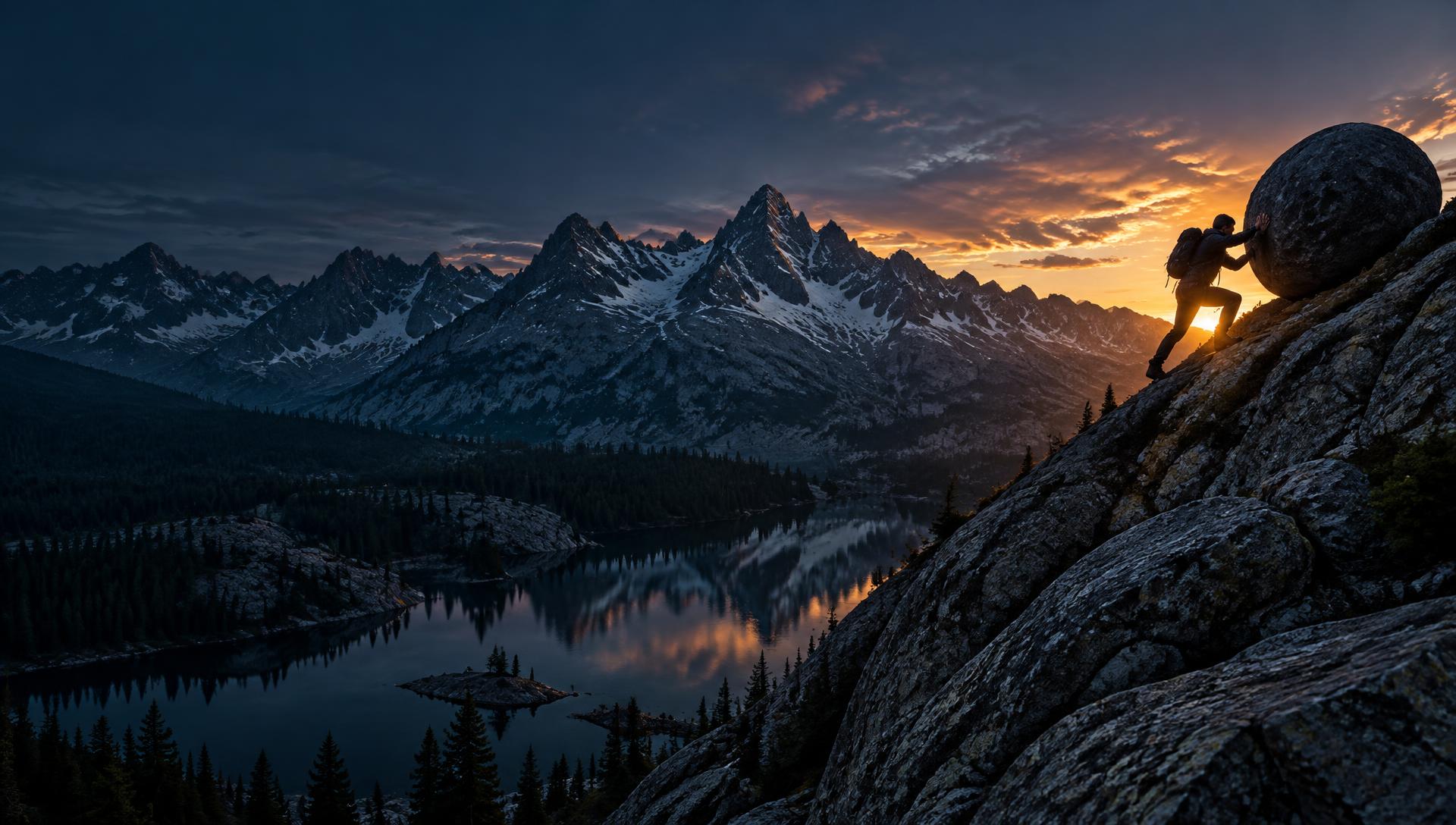 A mountaineer pushing a boulder above Idaho's Sawtooth wilderness